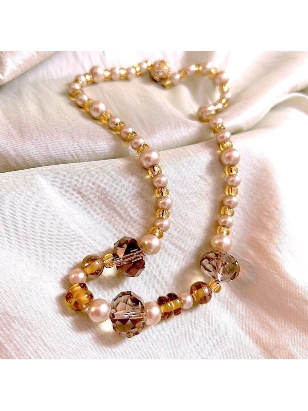 Gold & Champagne Pearl Crystal Bead Necklace for Women